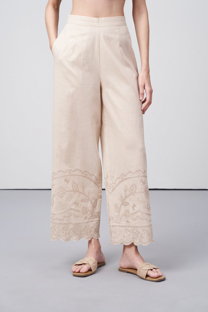 women pants 100% cotton high waist straight fit cutwork embroidery beige color scallop trousers front view