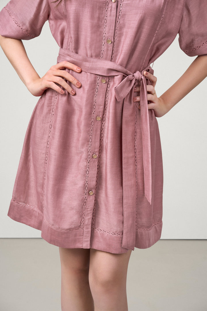 Linen Half Sleeves Adjustable Side Tie Belt Button Front Short Dress For Women Ladies Pink Color Model Front View | Pink Linen Blend Relaxed Fit Dress With Mandarin Collar
