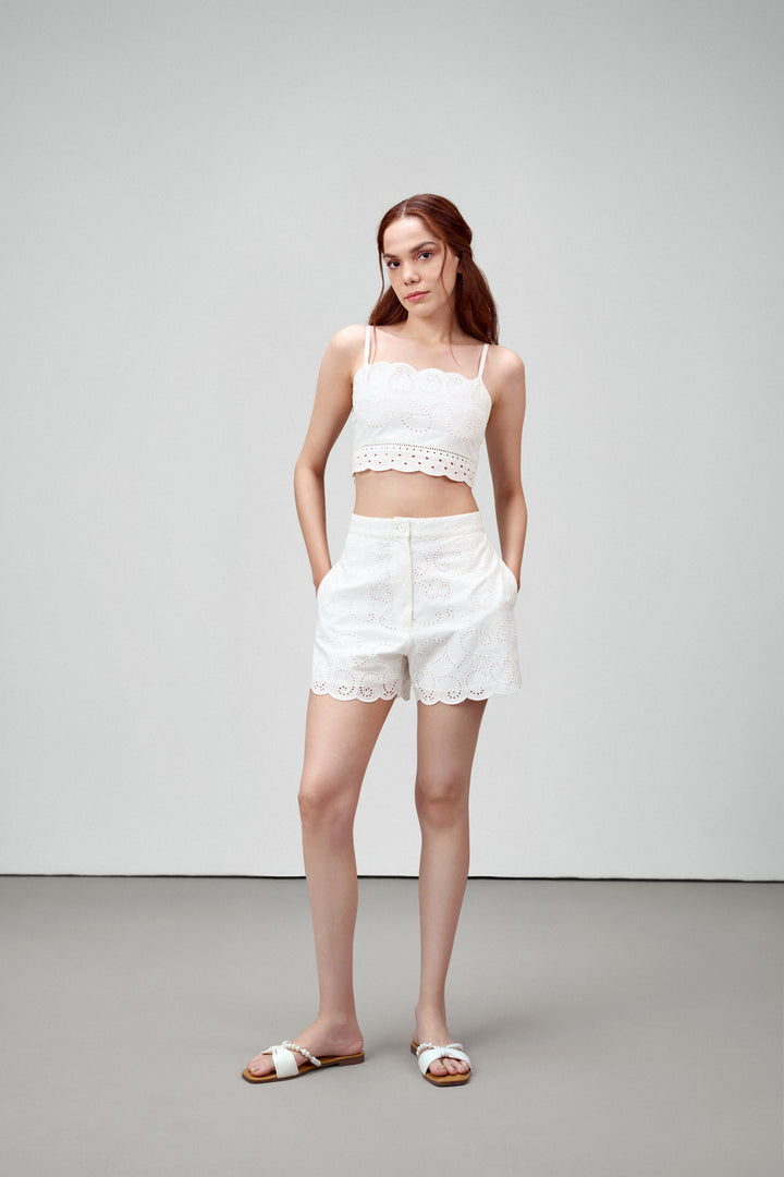White Embroidered Cotton Crop Top With Scallop Neckline For Closed Up Body Model View | Scalloped Hem Spaghetti Top
