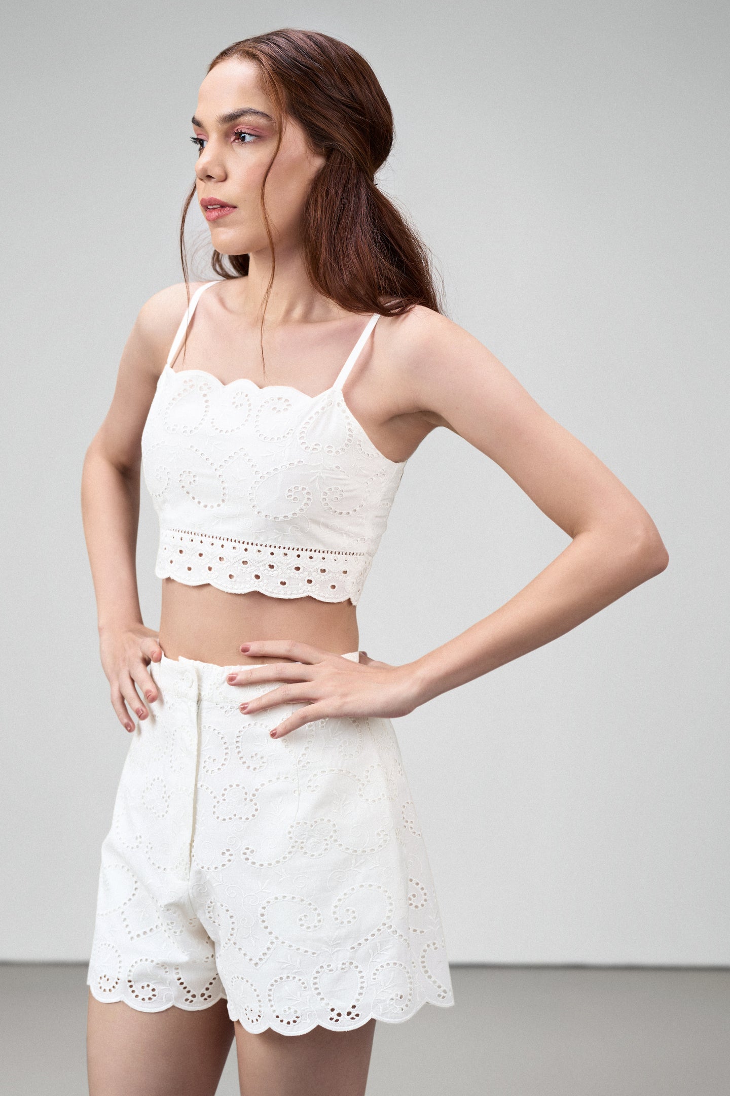 White Embroidered Cotton Crop Top With Scallop Neckline For Closed Up  Model View | Scalloped Hem Spaghetti Top
