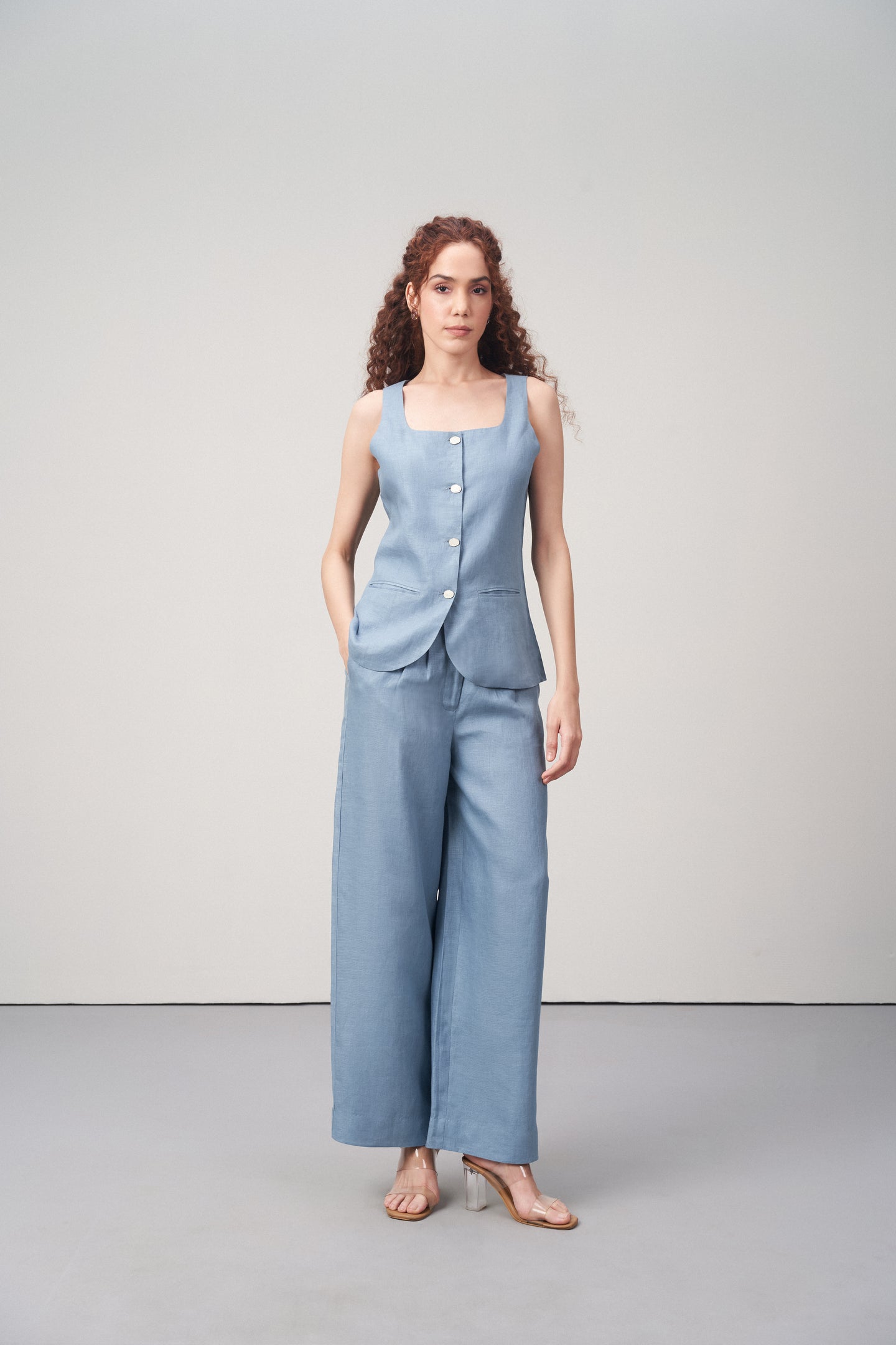 Misty Blue Linen Waistcoat For Women – Stylish Button-front Vest | Linen Buttoned Waistcoat For Full Body Model View