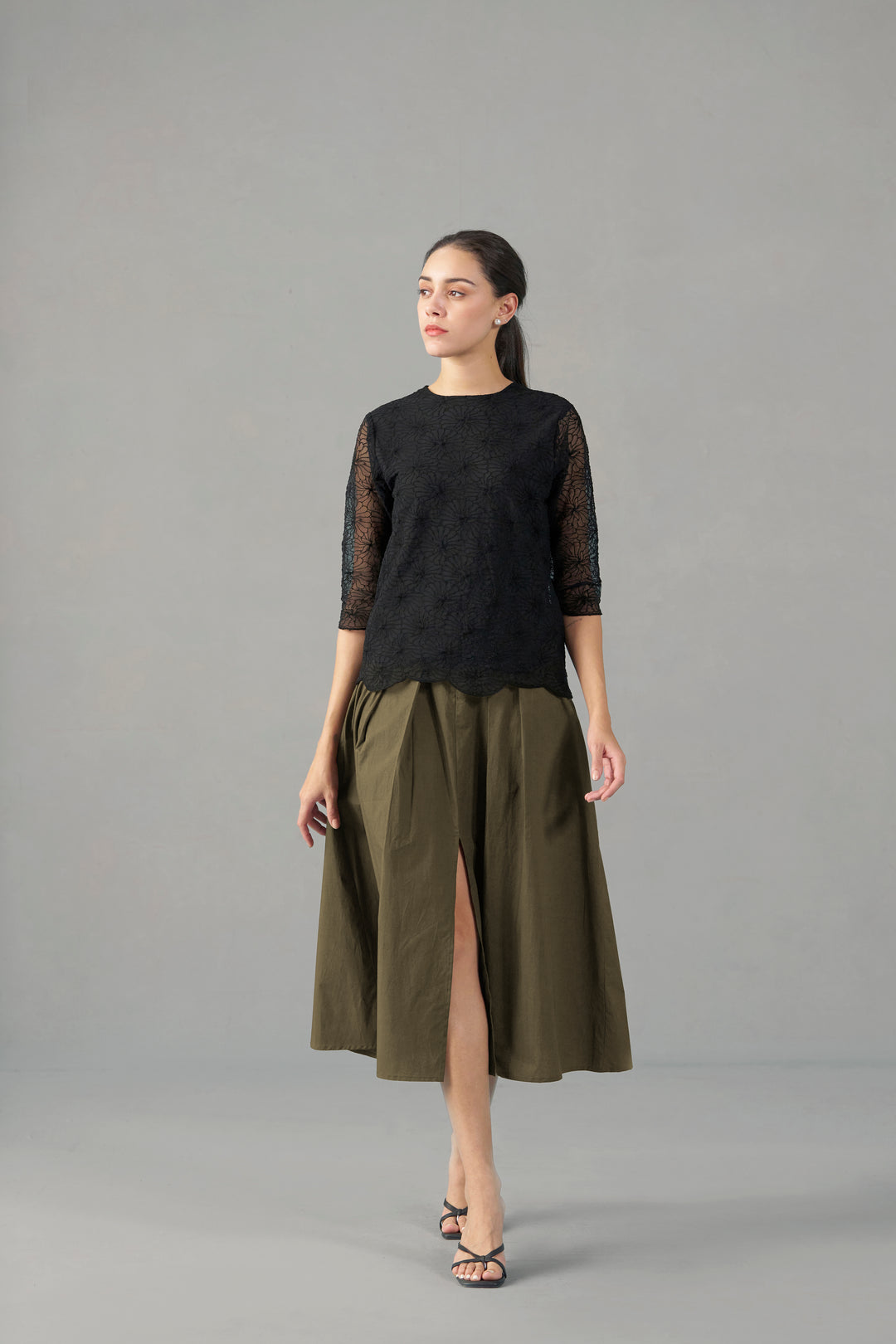 Black embroidered mesh top | Embroidered Tops for Women | Frontside view
