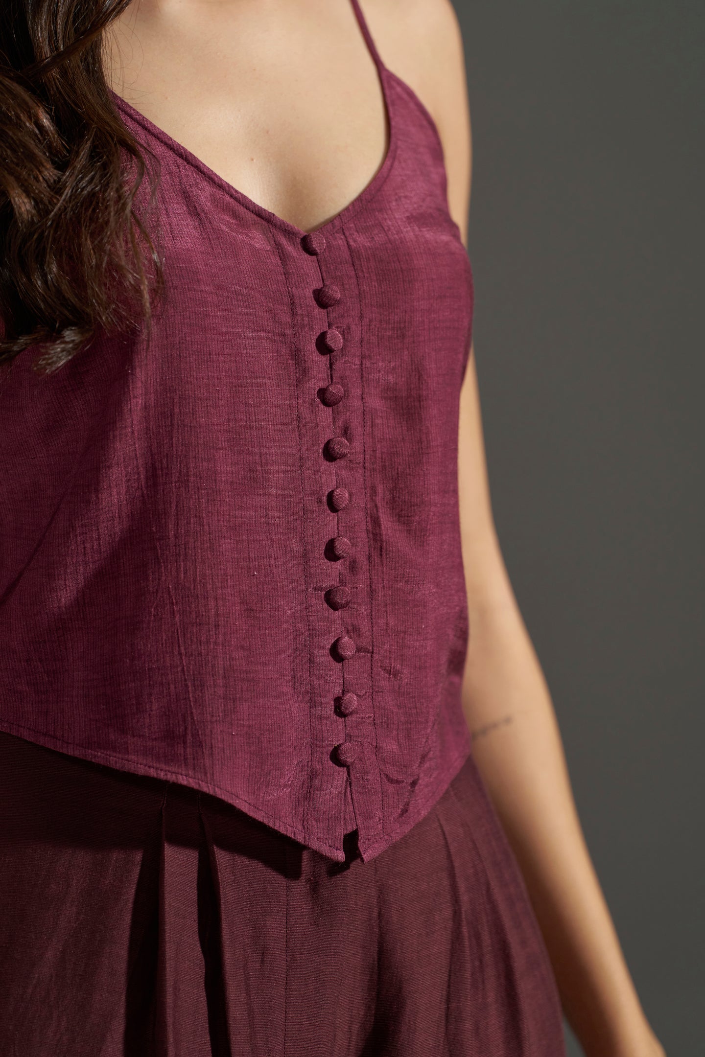 Women Burgundy Button-Front Strappy Top | Best Tops for Women | frontside design view