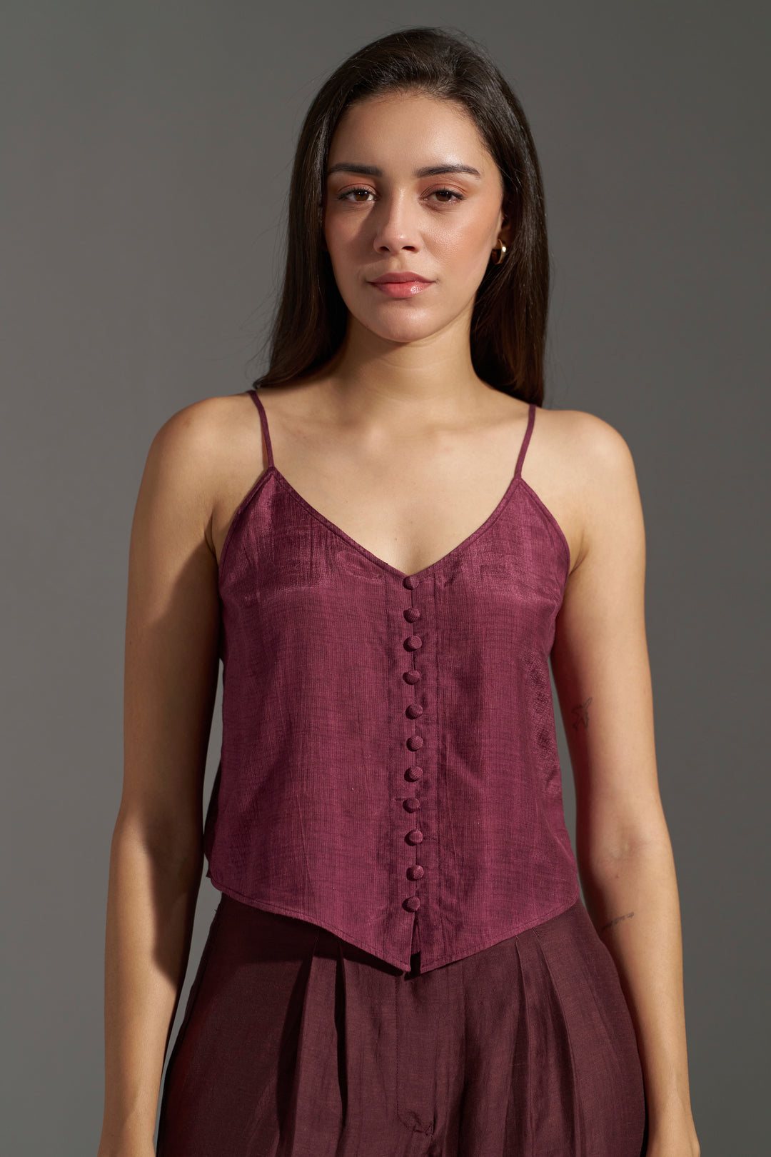 Women Burgundy Button-Front Strappy Top | Best Tops for Women | frontside view