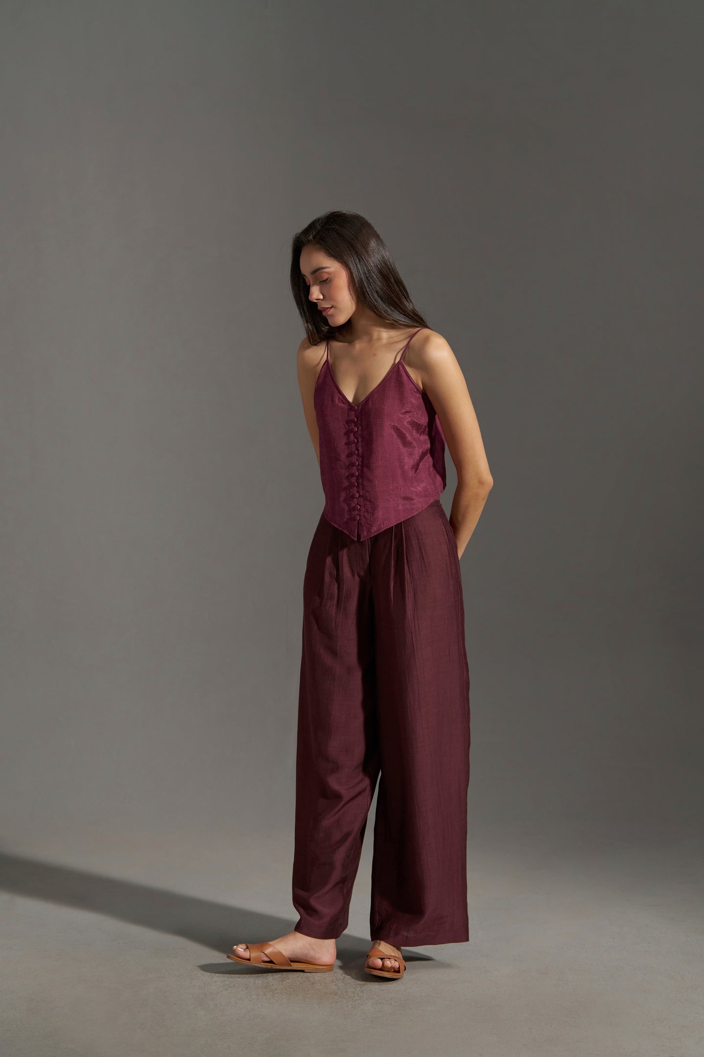 Women Burgundy Button-Front Strappy Top | Best Tops for Women | frontside full  view