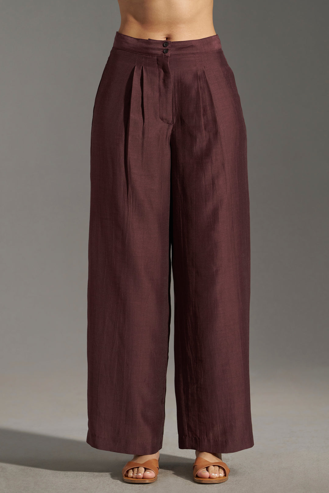 burgundy Wide Leg Pleated Trousers for Women | frontsidefull view