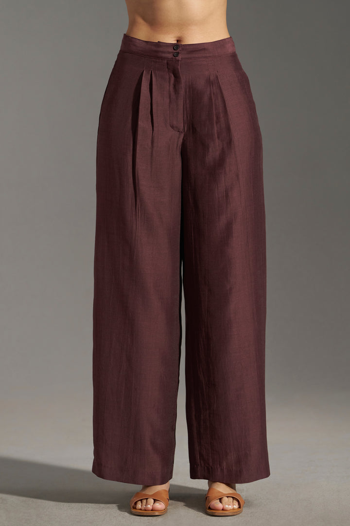 burgundy Wide Leg Pleated Trousers for Women | frontsidefull view