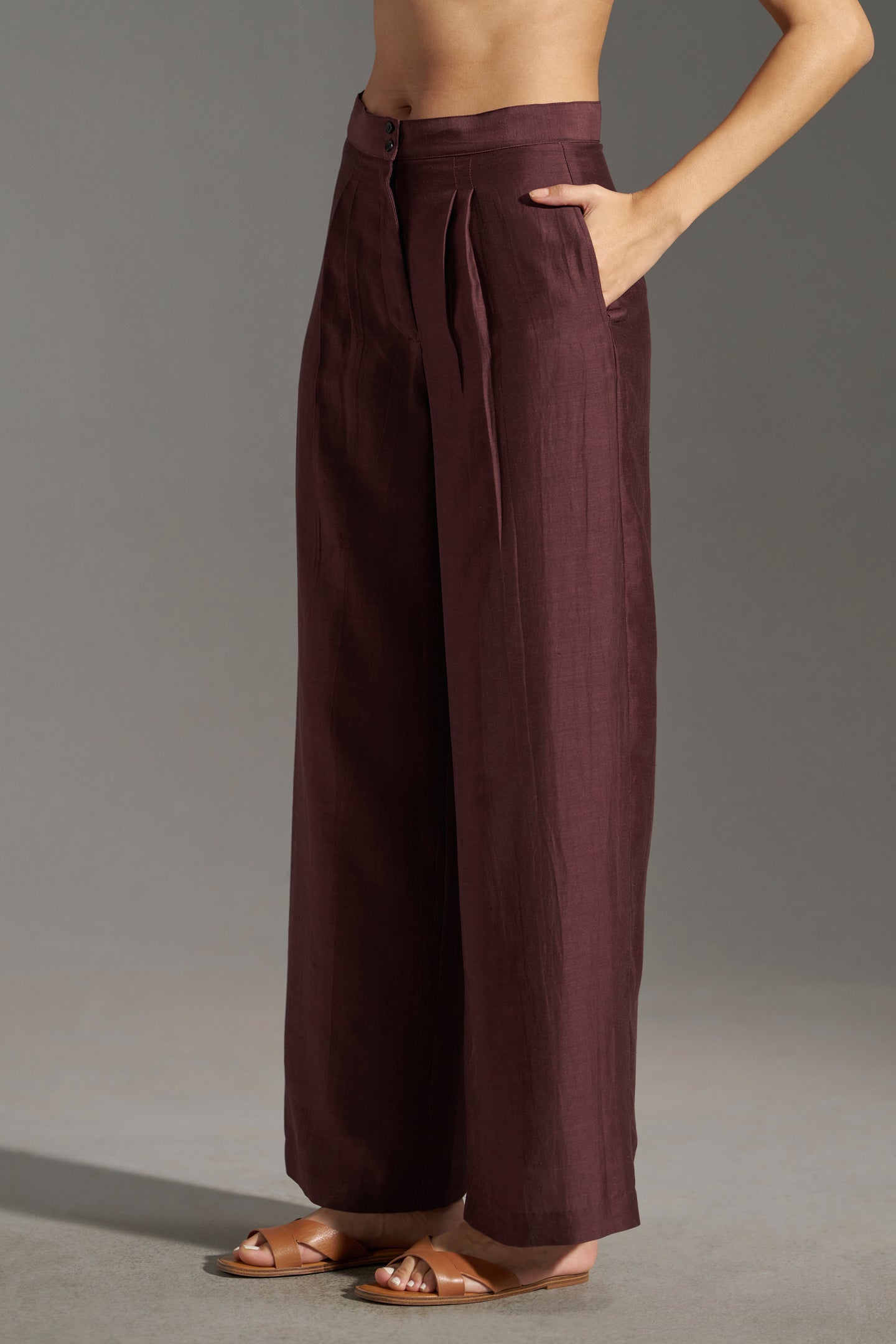 Wide Leg Pleated Trousers for Women | rightside full view