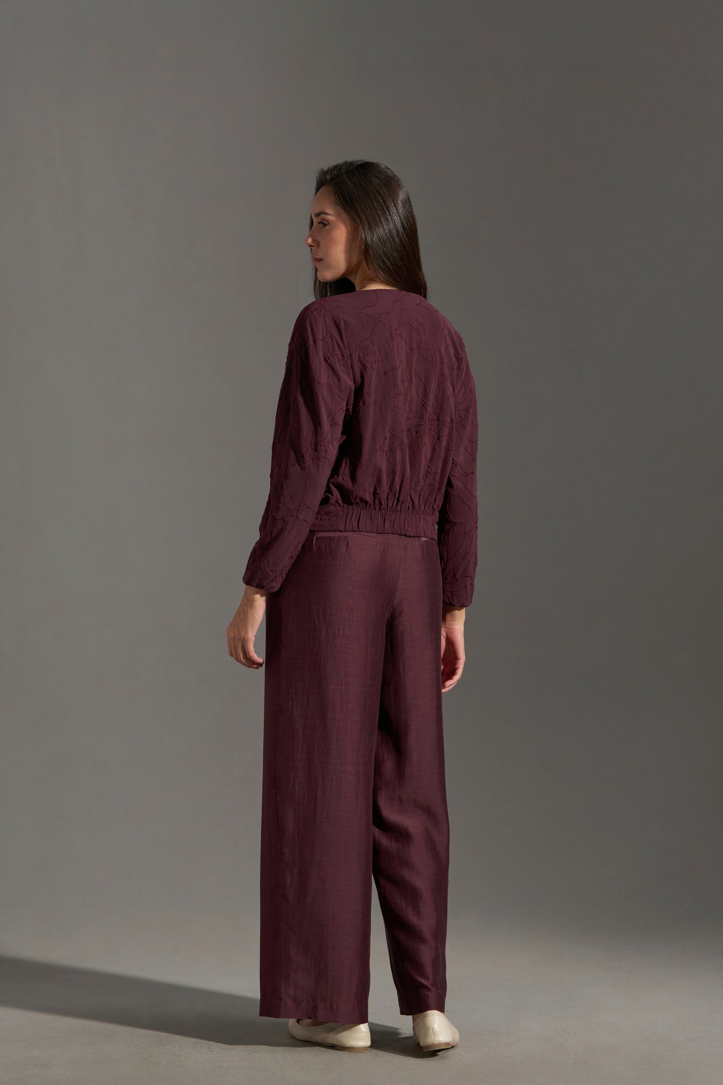 Burgundy Embroidered Bomber Jacket for Women | backside full view