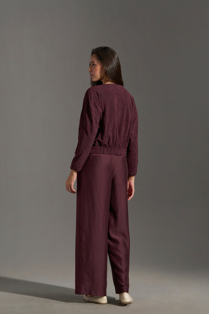 Burgundy Embroidered Bomber Jacket for Women | backside full view