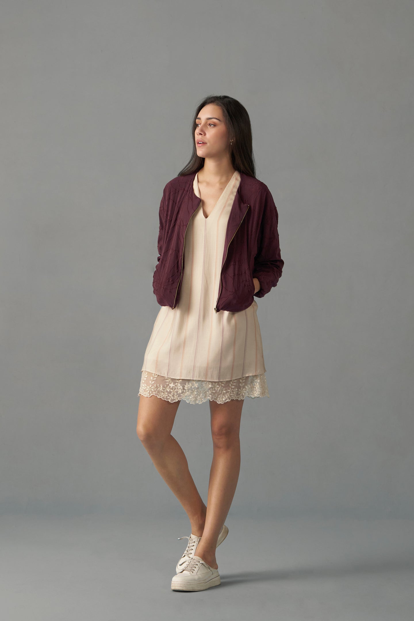 Burgundy Embroidered Bomber Jacket for Women | stylish jacket view