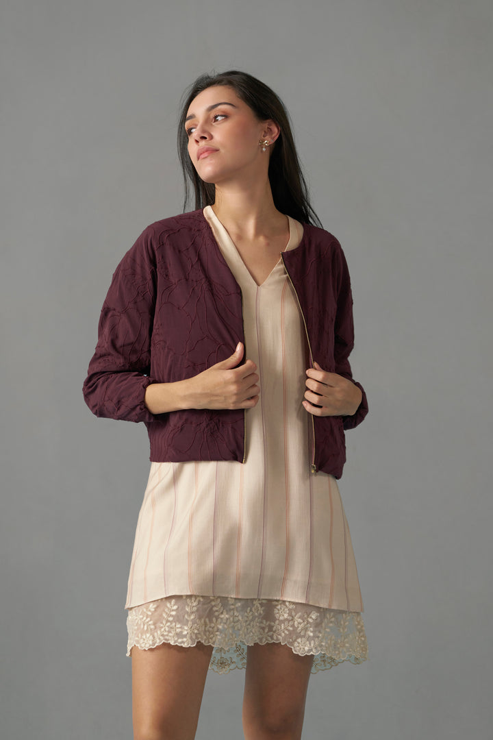 Burgundy Embroidered Bomber Jacket for Women | jacket view