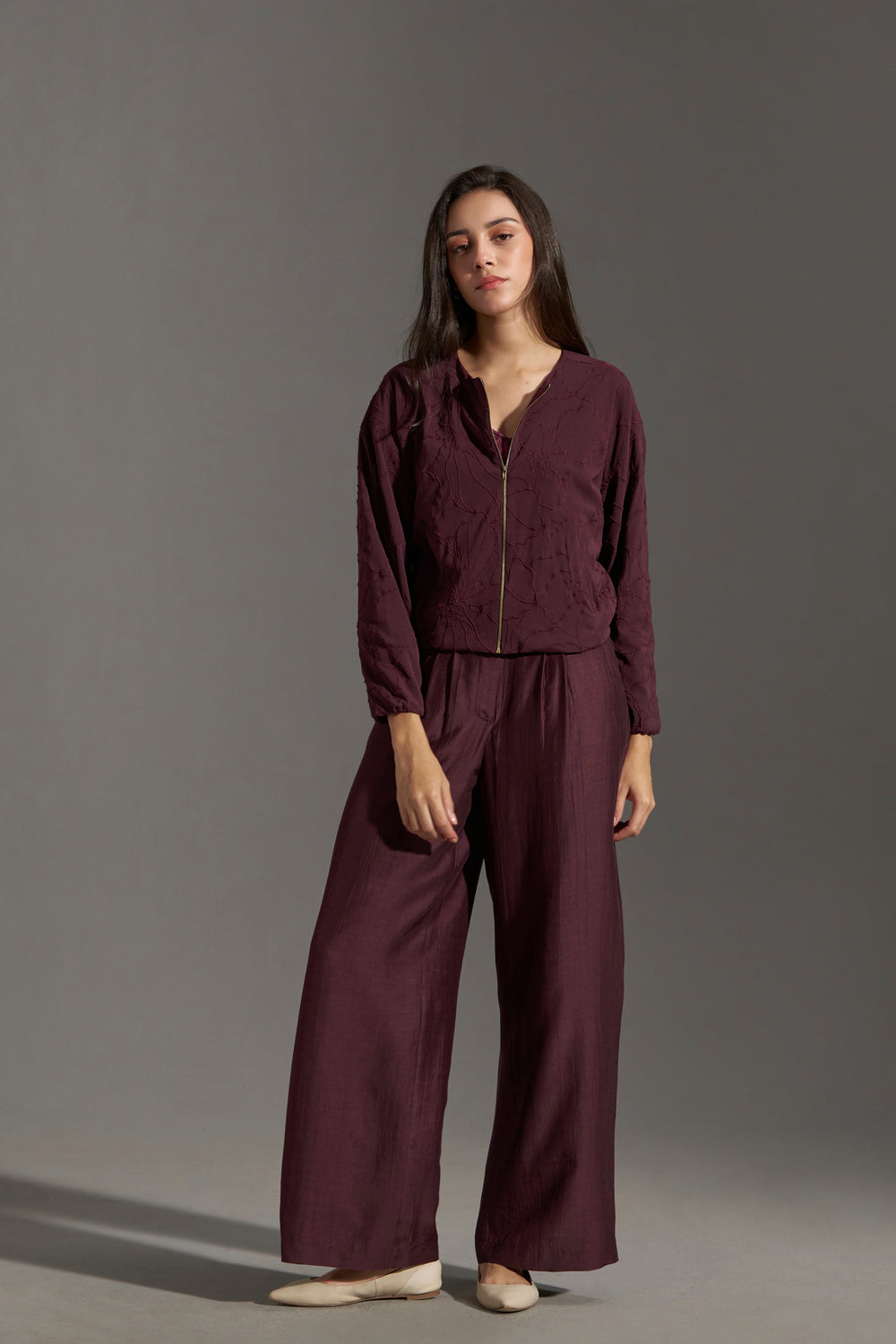 Burgundy Embroidered Bomber Jacket for Women | frontside pair view