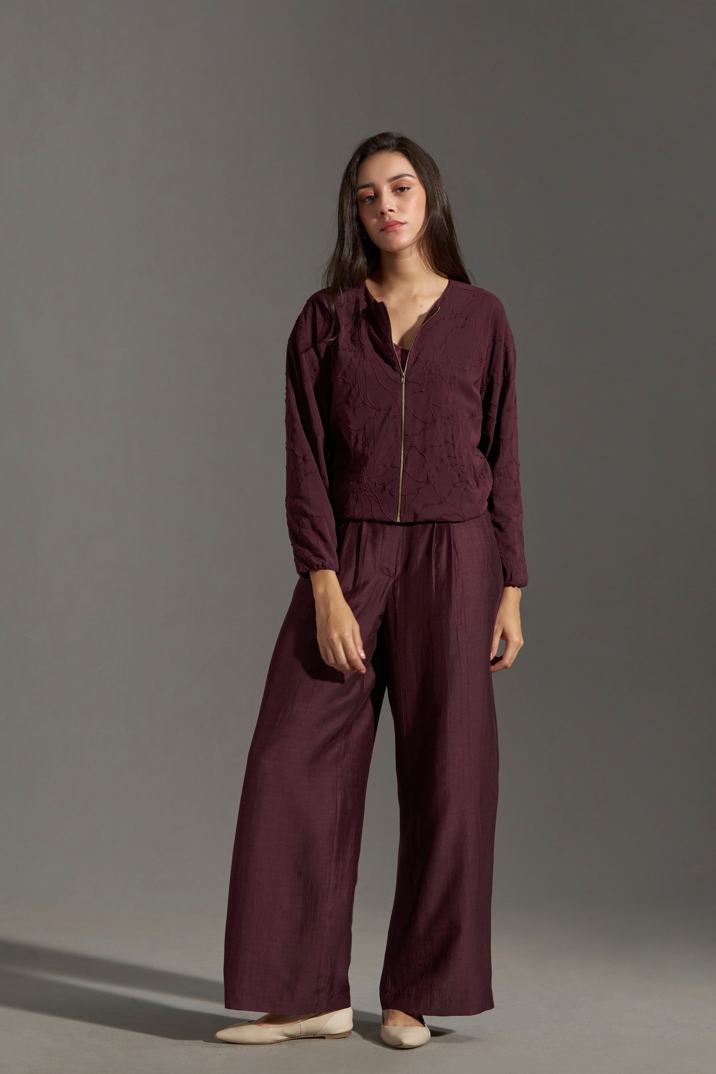 Burgundy Embroidered Bomber Jacket for Women | frontside pair view