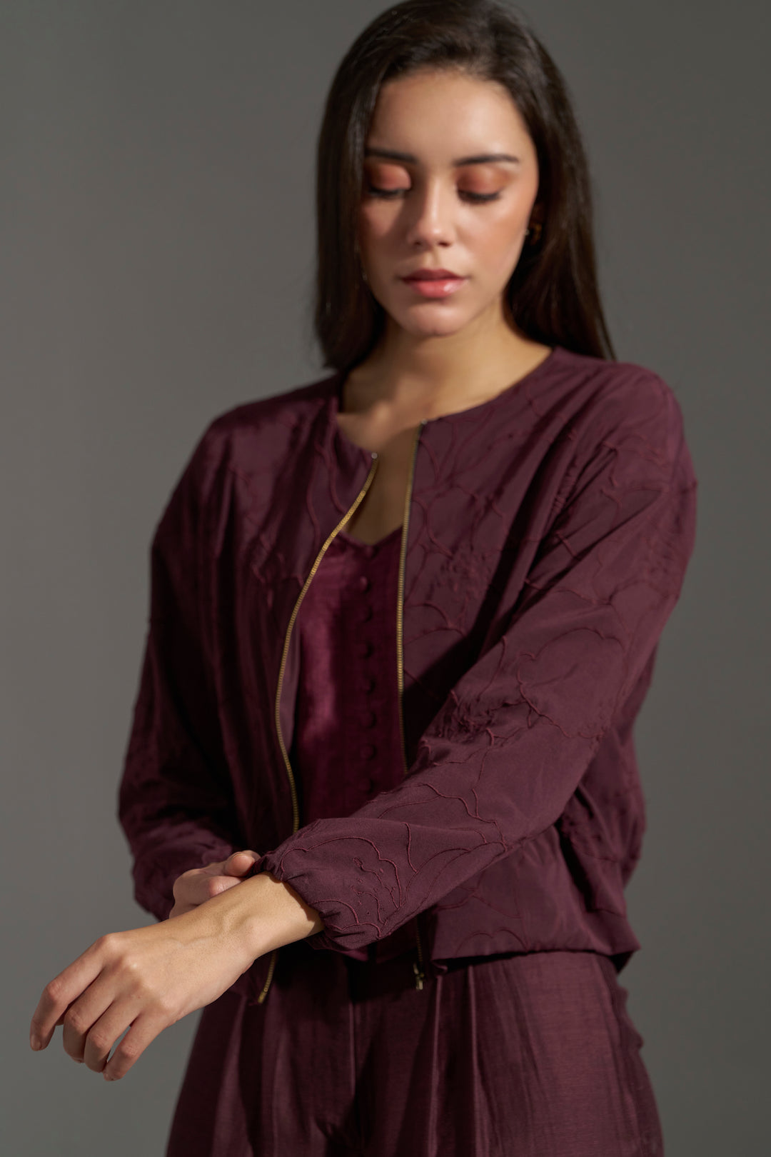 Burgundy Embroidered Bomber Jacket for Women | frontside full view