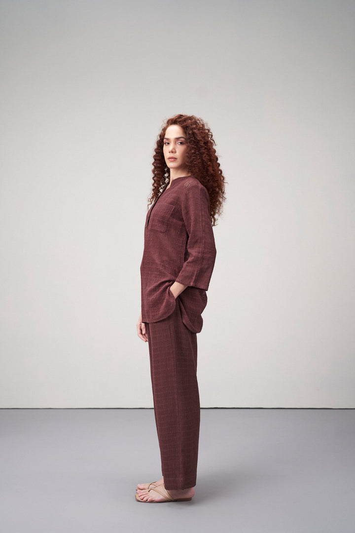 Cotton Maroon Embroidered Split Front Button-up 3/4 Sleeve Shirt Top Dress For Women Ladies for Left Side Model View | Embroidered Sleeveless Cotton Top For Women - Deep Rosewood
