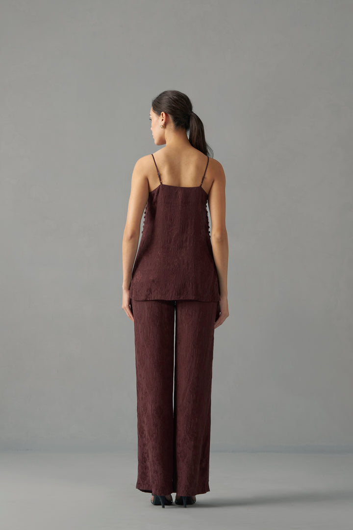 Burgundy crinkled jacquard strappy top  | Embroidered Tops for Women | backside view
