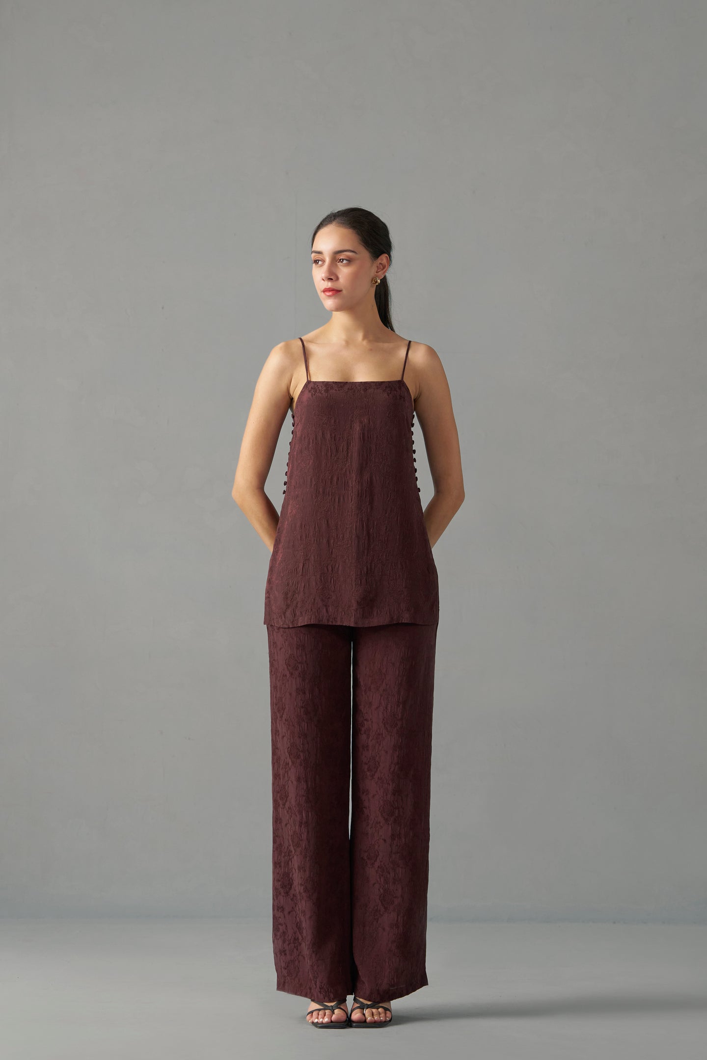 Burgundy crinkled jacquard strappy top  | Embroidered Tops for Women | frontside view
