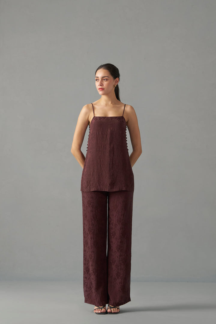 Burgundy crinkled jacquard strappy top  | Embroidered Tops for Women | frontside view
