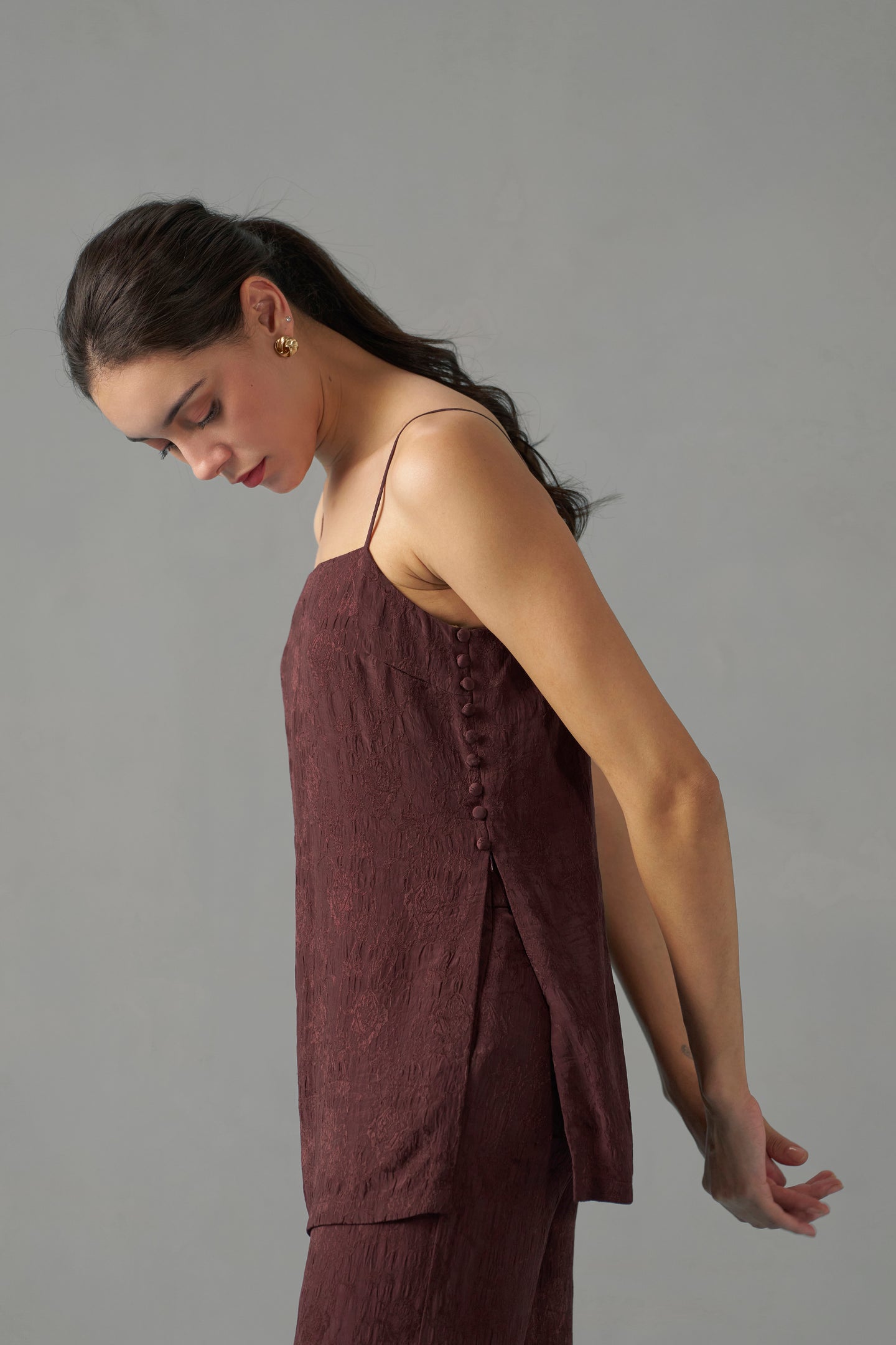 Burgundy crinkled jacquard strappy top  | Embroidered Tops for Women | leftside view
