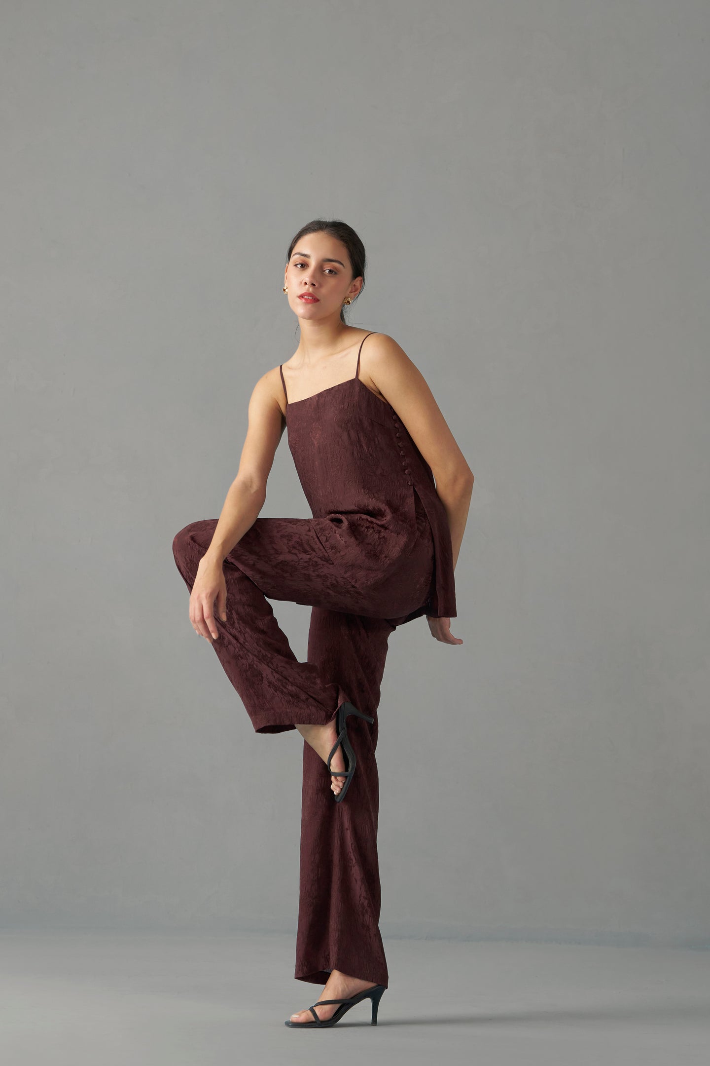 Burgundy crinkled jacquard strappy top  | Embroidered Tops for Women | frontside view
