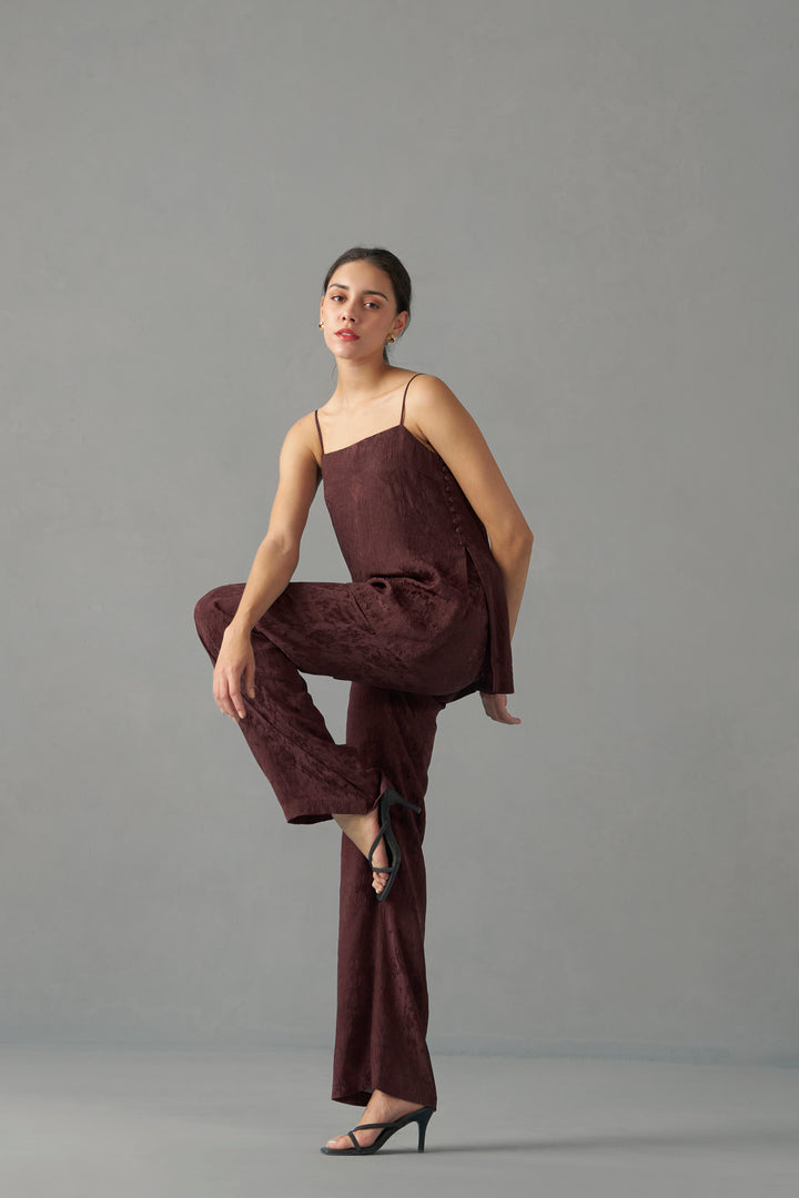 Burgundy crinkled jacquard strappy top  | Embroidered Tops for Women | frontside view
