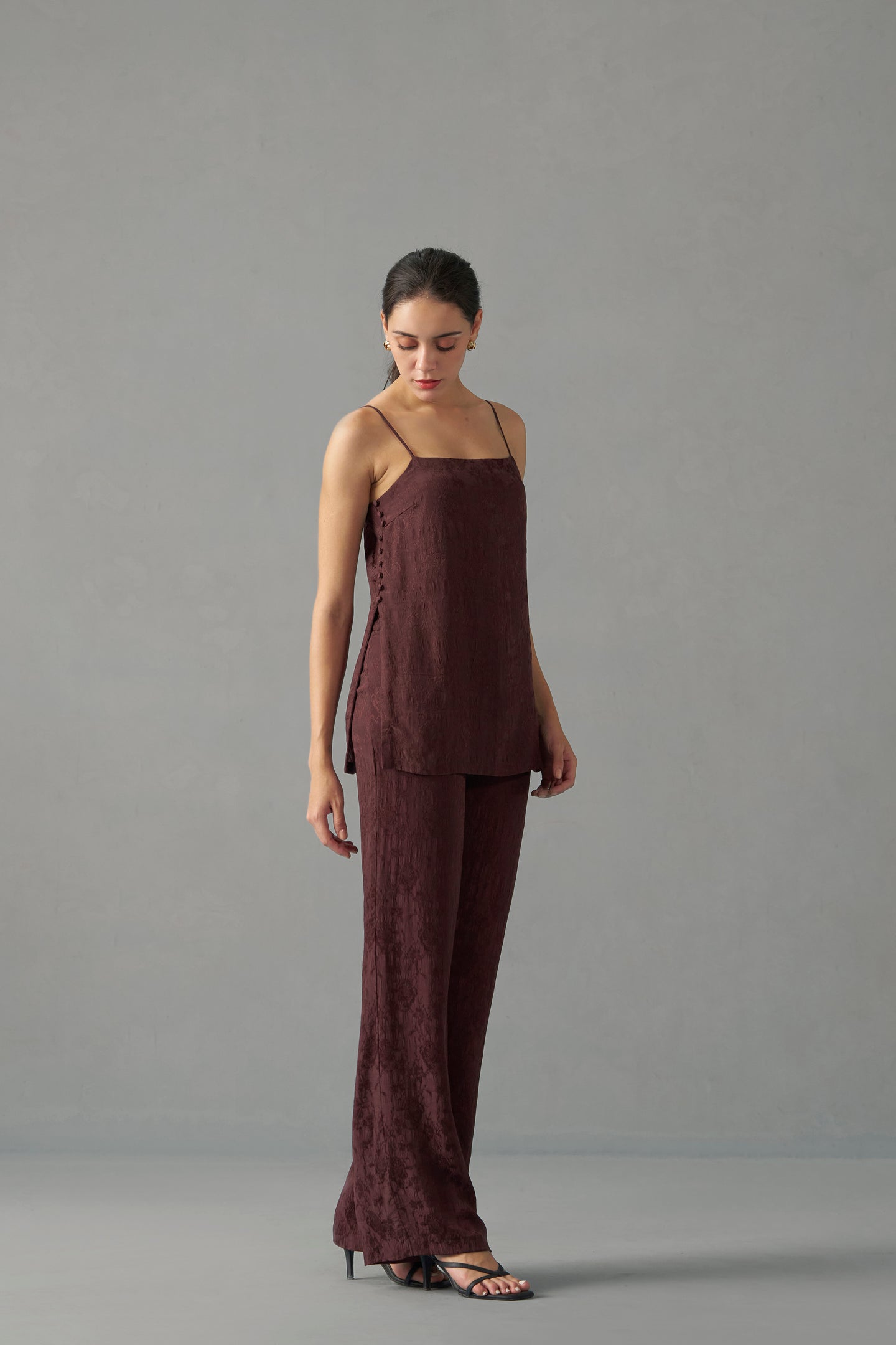 Burgundy crinkled jacquard strappy top  | Embroidered Tops for Women | rightside view
