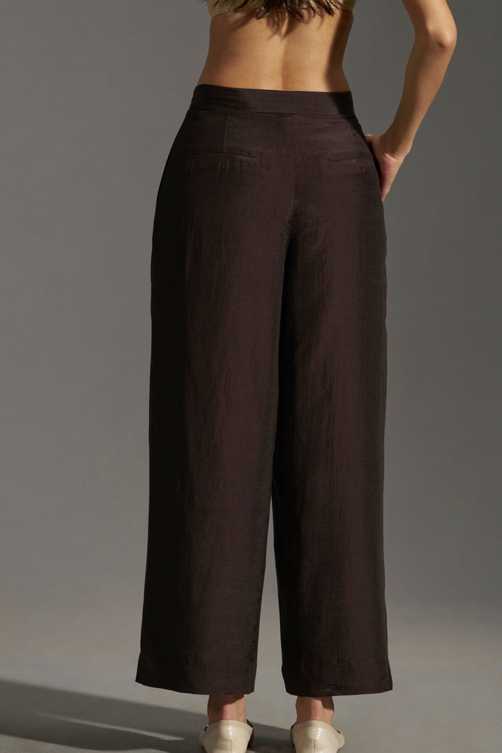 Dark chocolate  Wide Leg Pleated Trousers  | backside full view