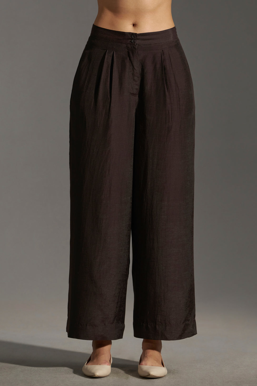 Dark chocolate  Wide Leg Pleated Trousers  | Front side fullview