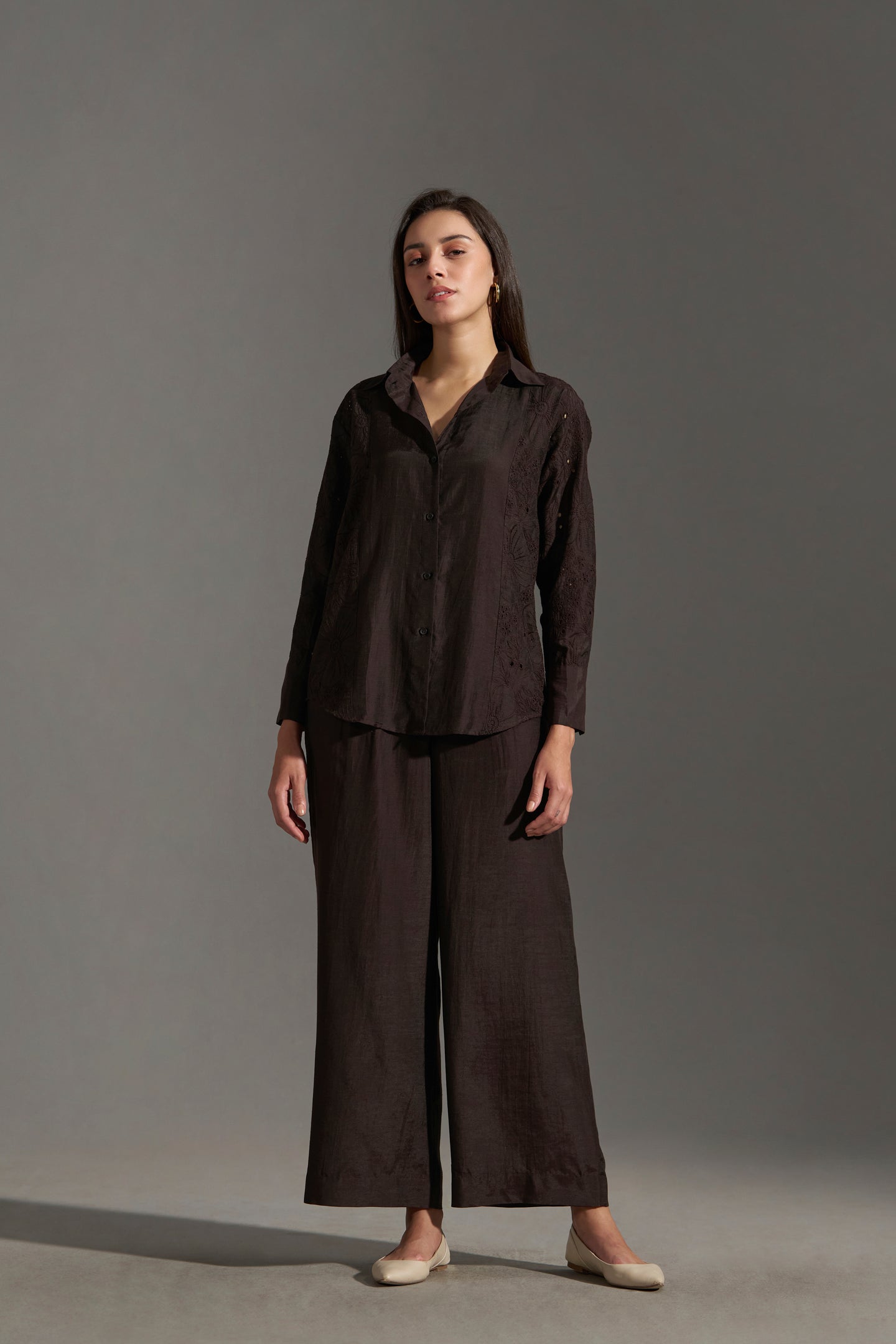 Dark chocolate  Wide Leg Pleated Trousers | top & botton full view