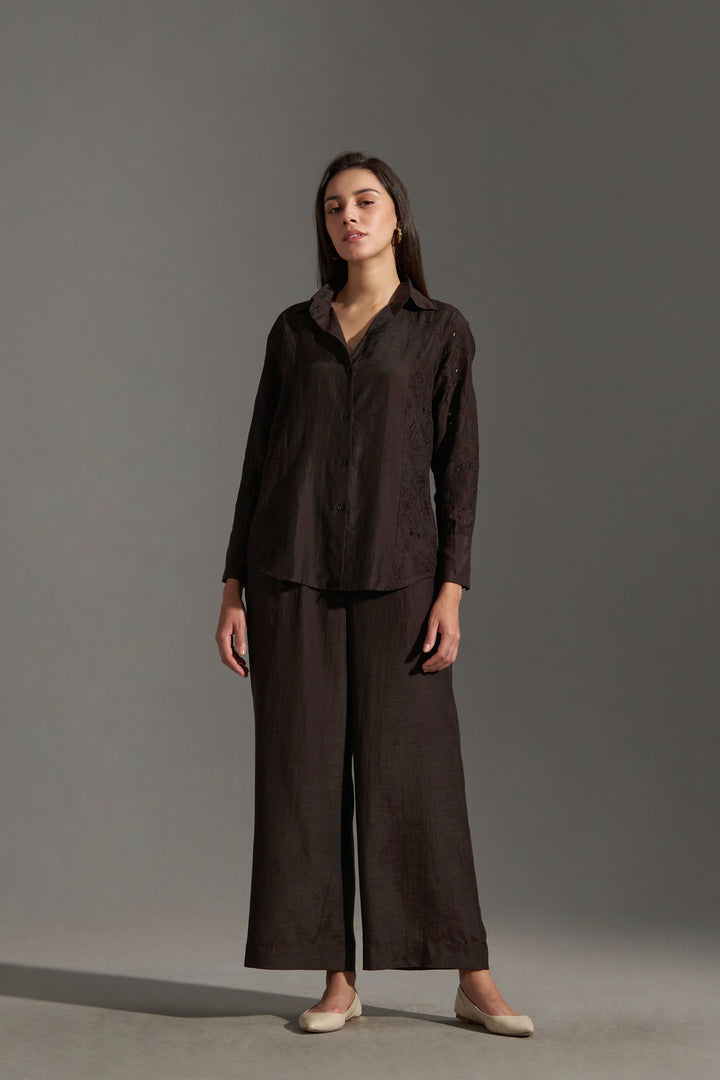 Dark chocolate  Wide Leg Pleated Trousers | top & botton full view