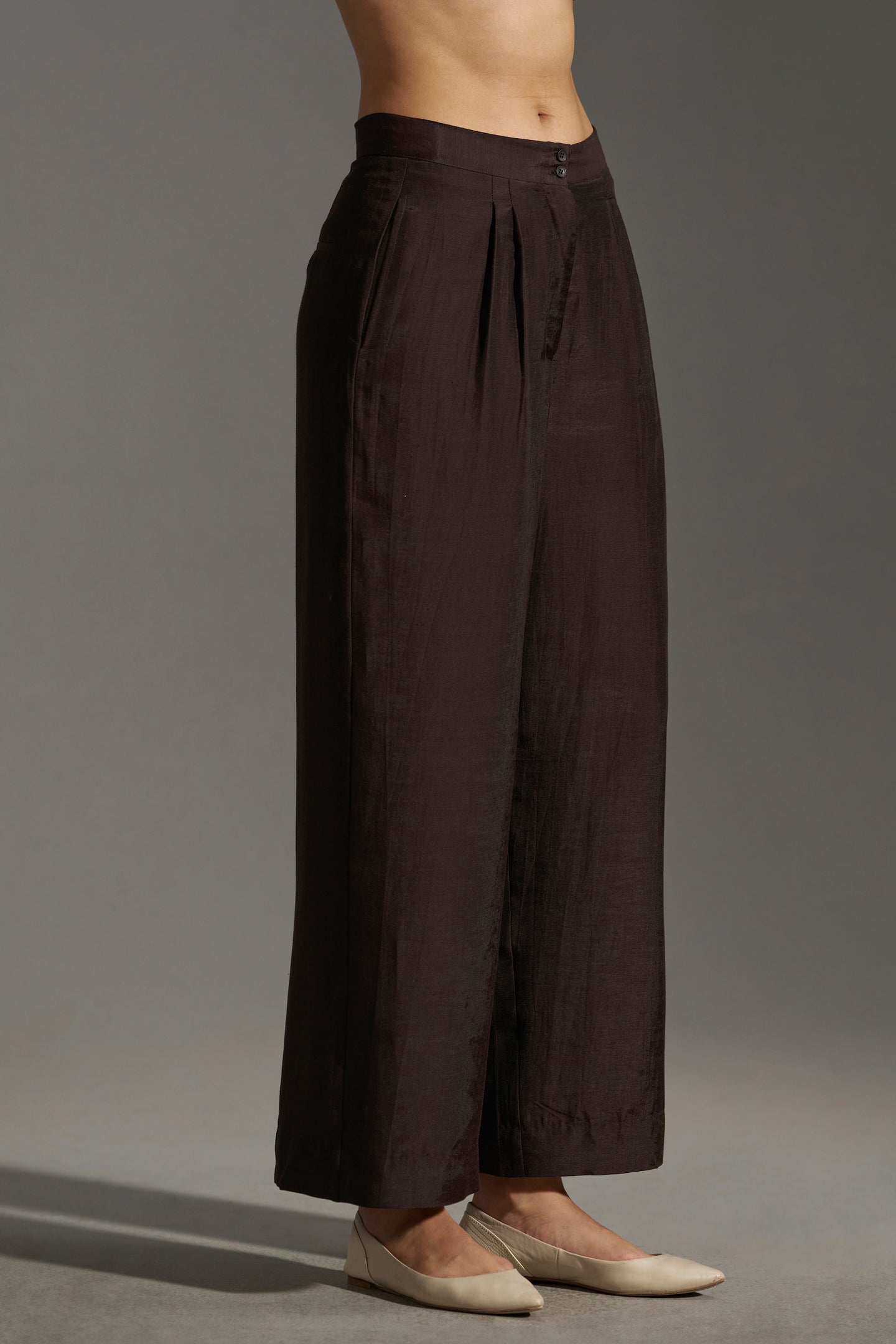 Dark chocolate  Wide Leg Pleated Trousers  | leftside full view