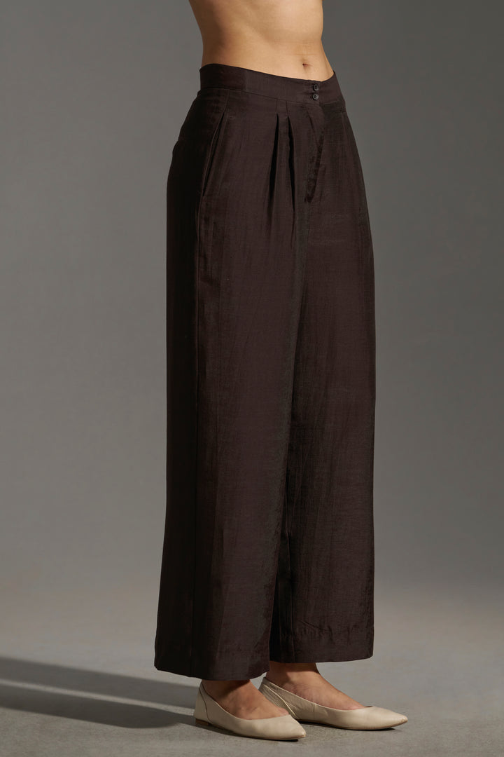 Dark chocolate  Wide Leg Pleated Trousers  | leftside full view