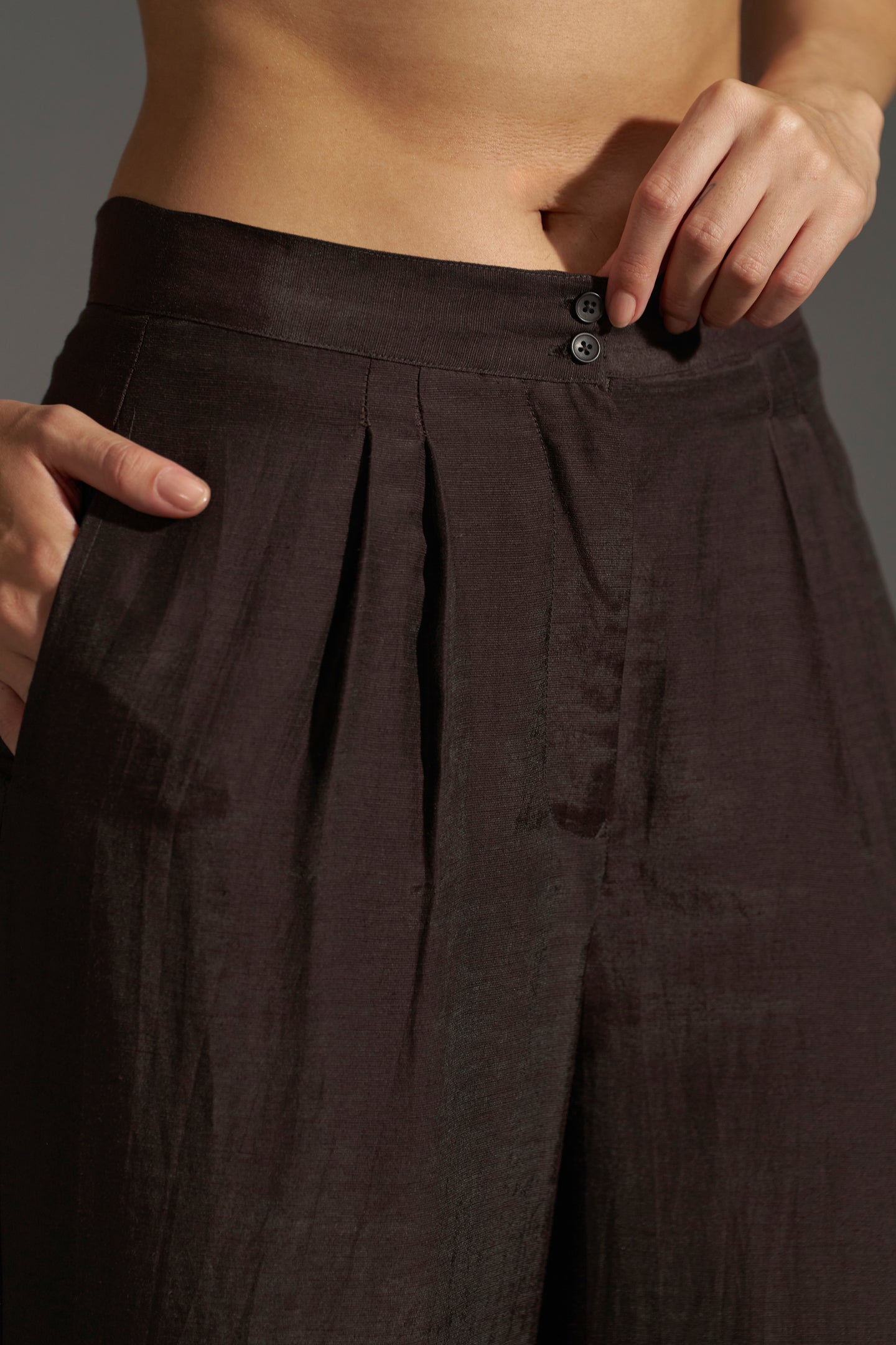 Dark chocolate  Wide Leg Pleated Trousers | button side design