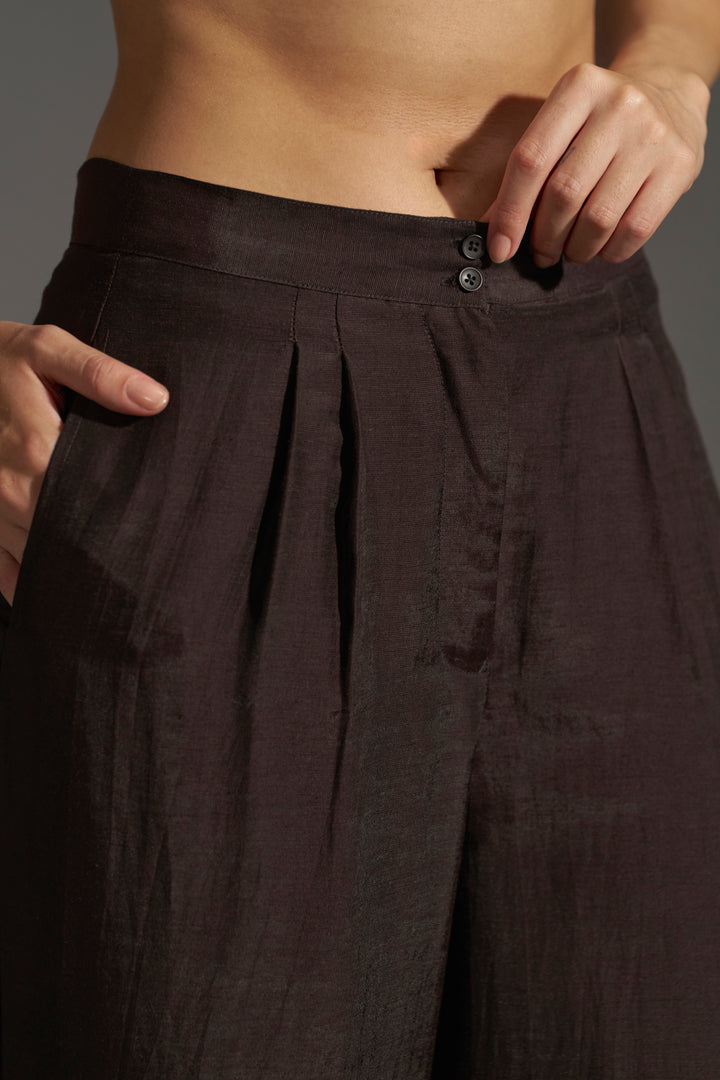 Dark chocolate  Wide Leg Pleated Trousers | button side design