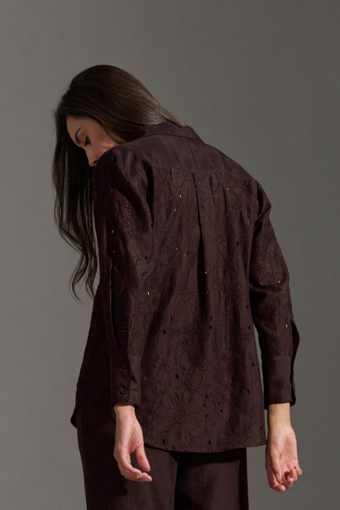 Dark Chocolate Floral Embroidered Shirt for Women | backside full view