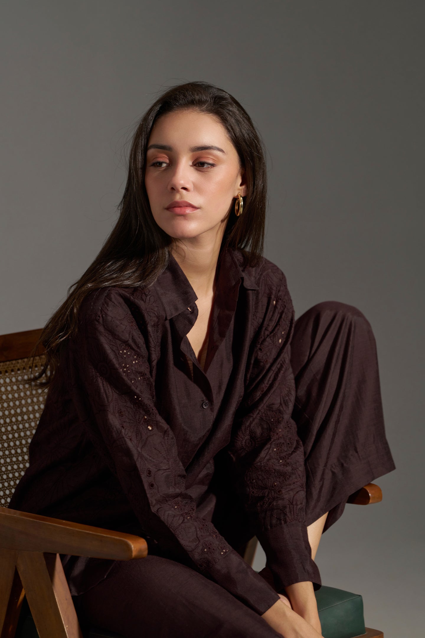 Dark Chocolate Floral Embroidered Shirt for Women