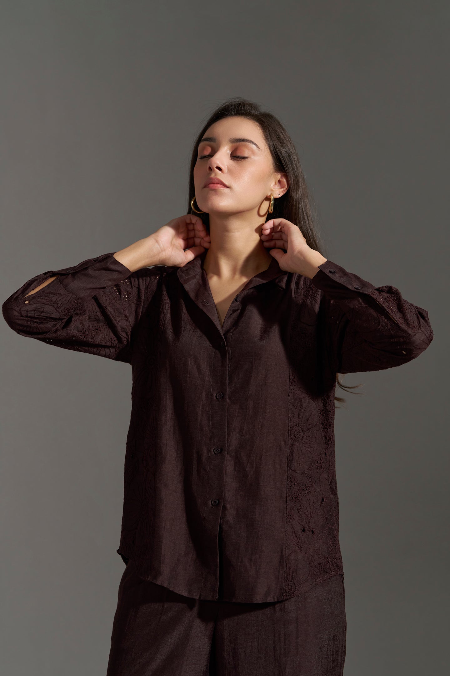 Dark Chocolate Floral Embroidered Shirt for Women