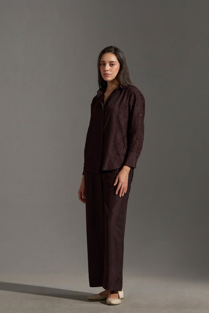 Dark Chocolate Floral Embroidered Shirt for Women | top & bottom pair view