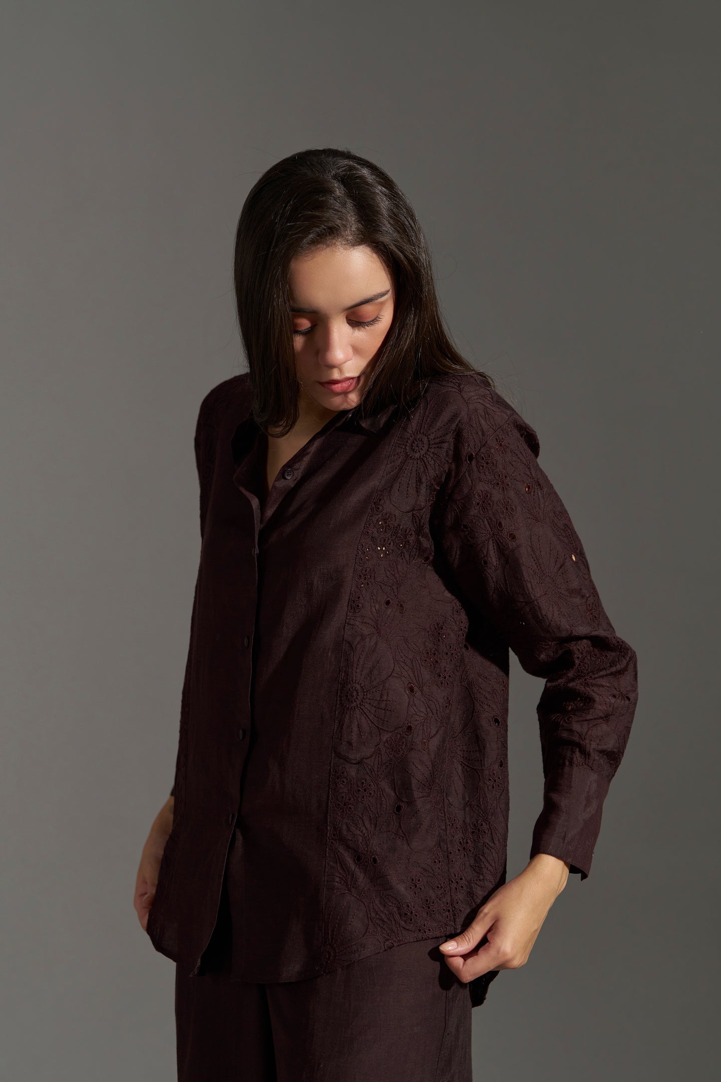 Dark Chocolate Floral Embroidered Shirt for Women |rightside view