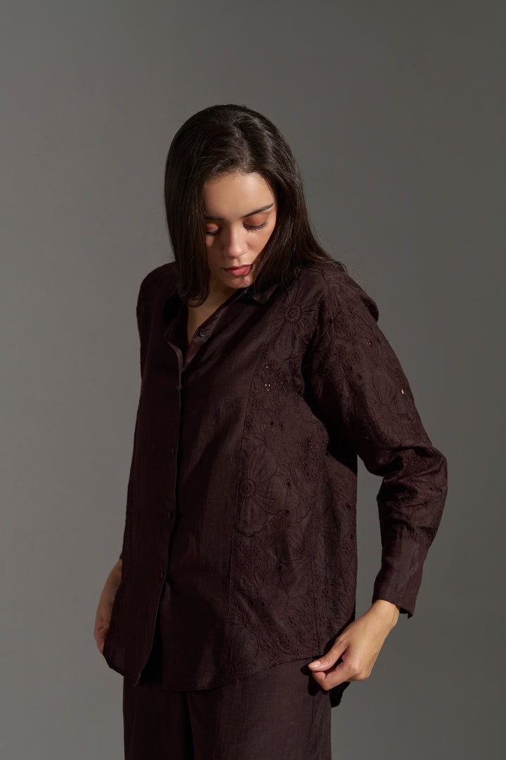 Dark Chocolate Floral Embroidered Shirt for Women |rightside view