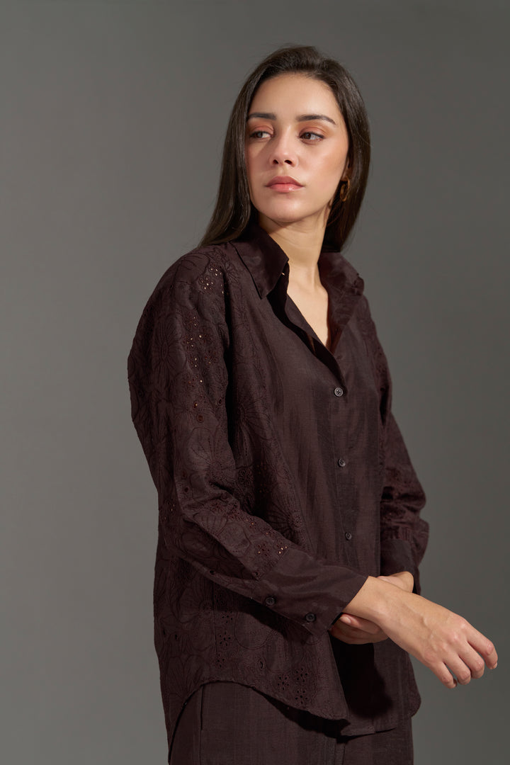 Dark Chocolate Floral Embroidered Shirt for Women | right side view