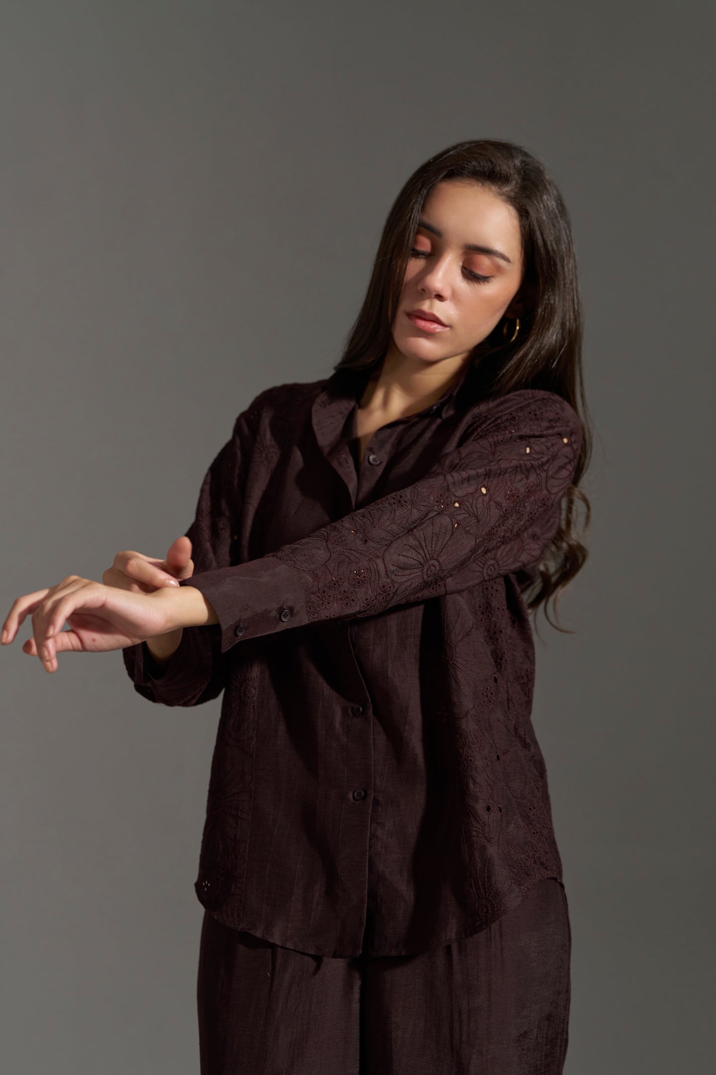 Dark Chocolate Floral Embroidered Shirt for Women | sleeve design view