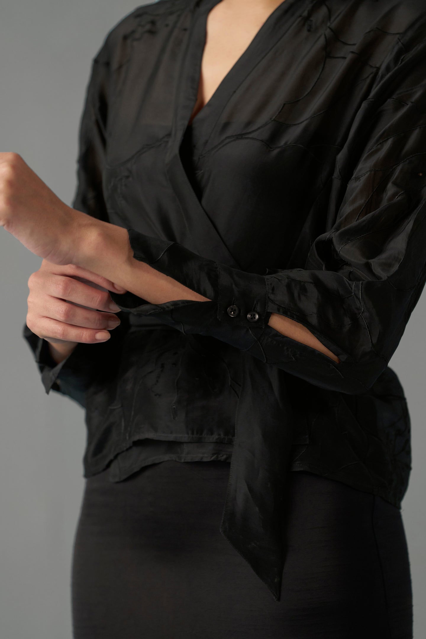 Women Black Embroidered Blouse With Tie-Up Top sleeve design view | Embroidered Tops for Women
