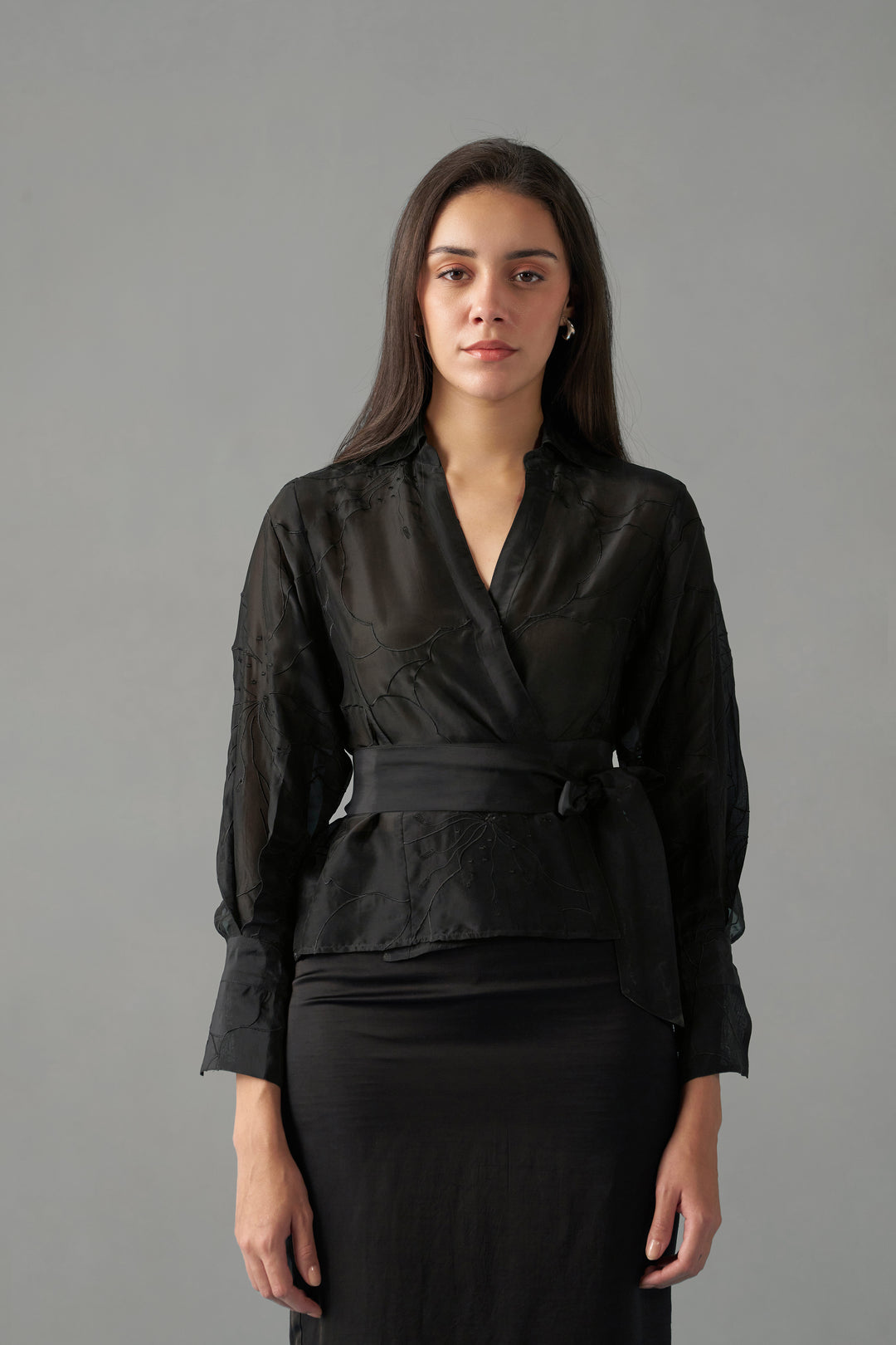 Women Black Embroidered Blouse With Tie-Up Top frontside design view | Embroidered Tops for Women
