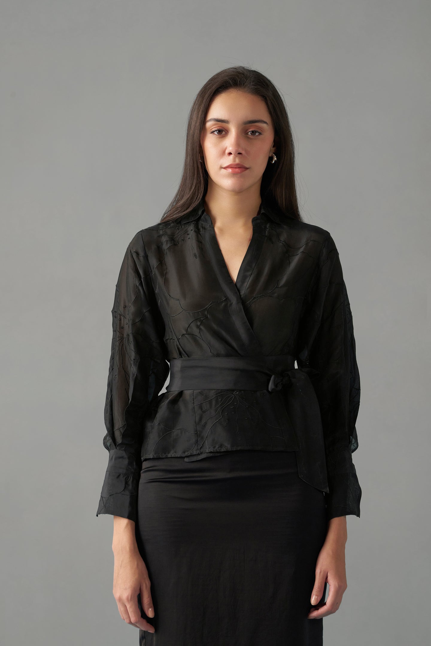 Women Black Embroidered Blouse With Tie-Up Top frontside design view | Embroidered Tops for Women
