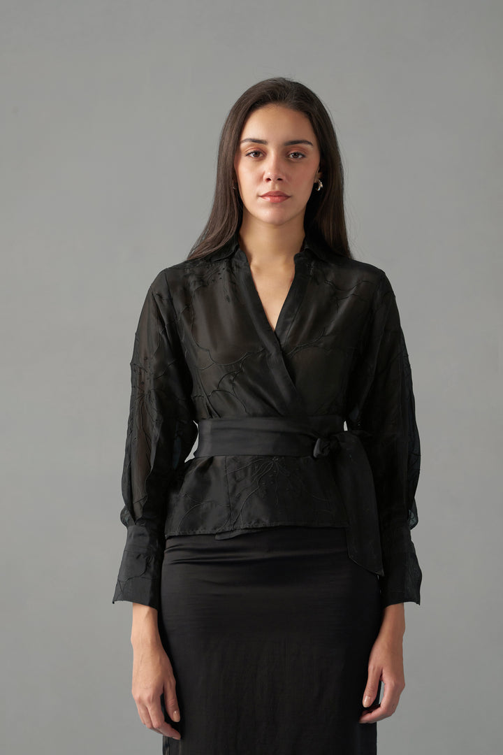 Women Black Embroidered Blouse With Tie-Up Top frontside design view | Embroidered Tops for Women
