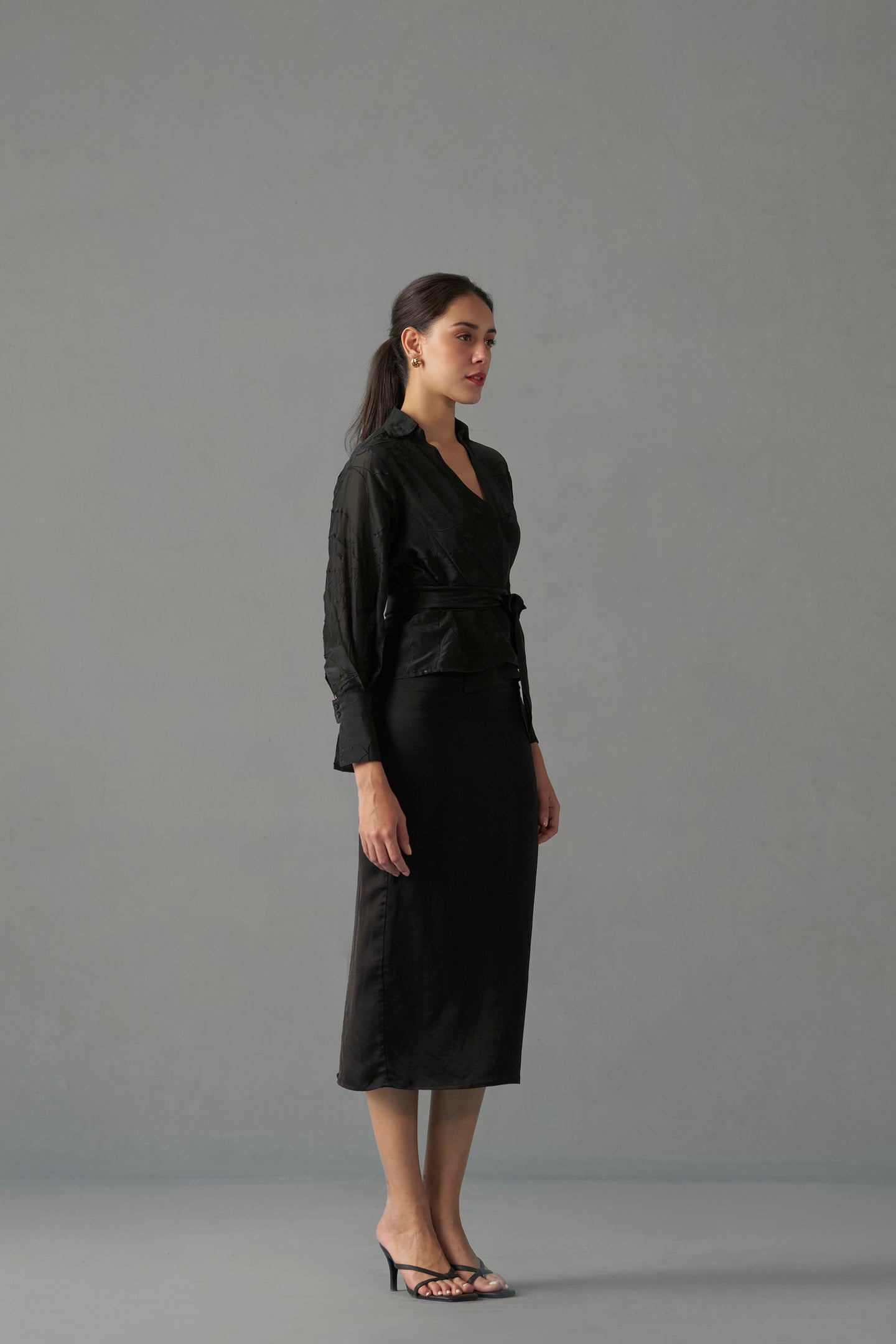 Women Black Embroidered Blouse With Tie-Up Top leftside view | Embroidered Tops for Women
