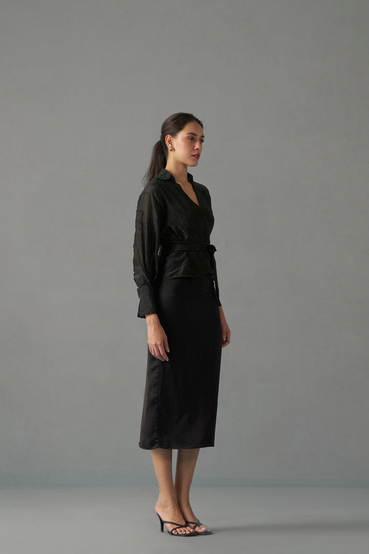 Women Black Embroidered Blouse With Tie-Up Top leftside view | Embroidered Tops for Women
