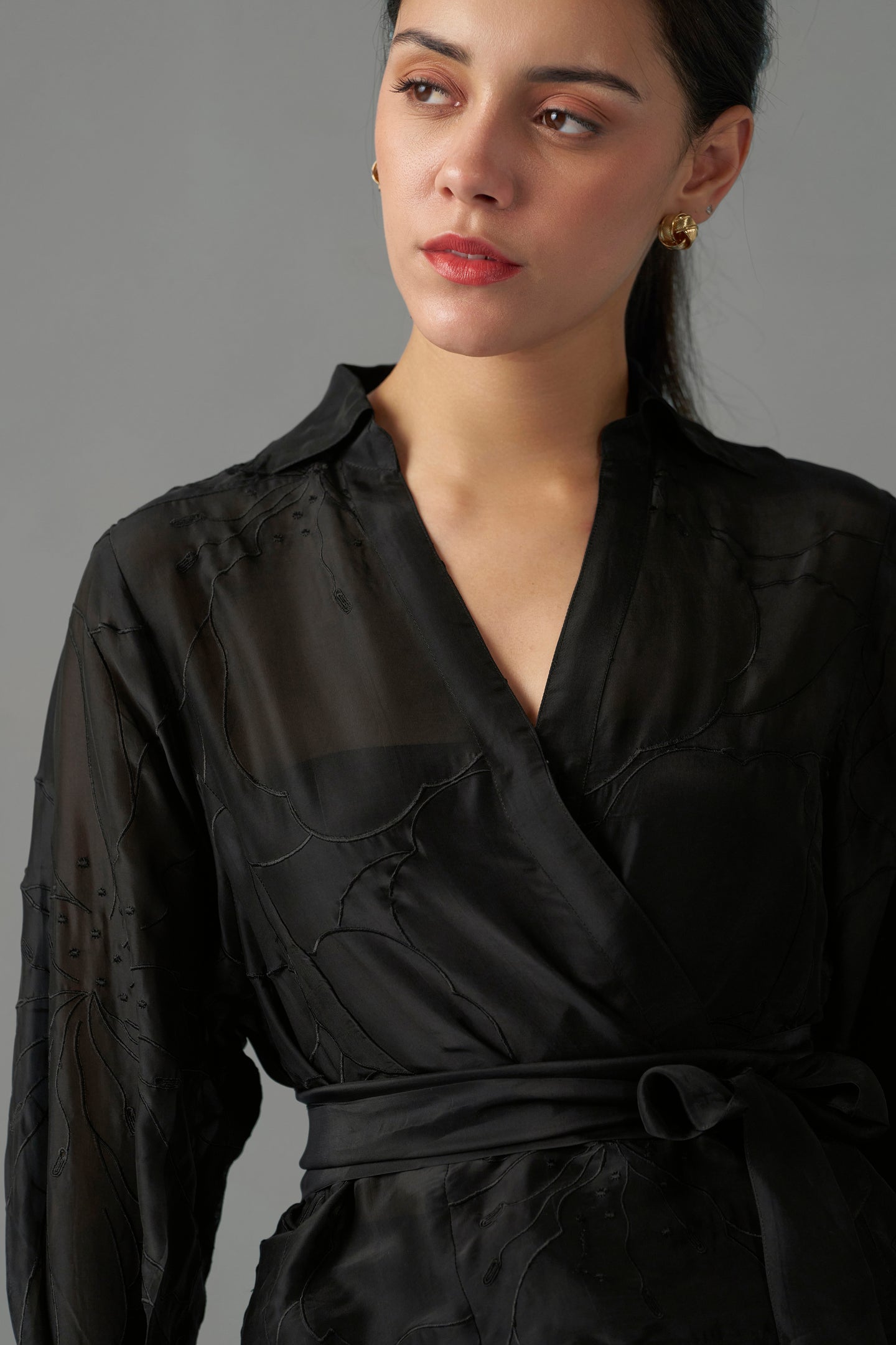 Women Black Embroidered Blouse With Tie-Up Top uppersidehalf view | Embroidered Tops for Women
